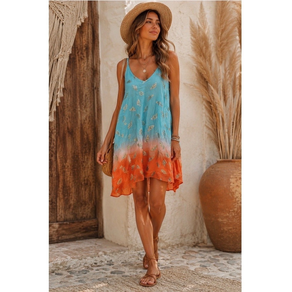 A Rare Bird Turquoise Orange Ombre Gold Feather Dress L/XL Handmade Boho NWT